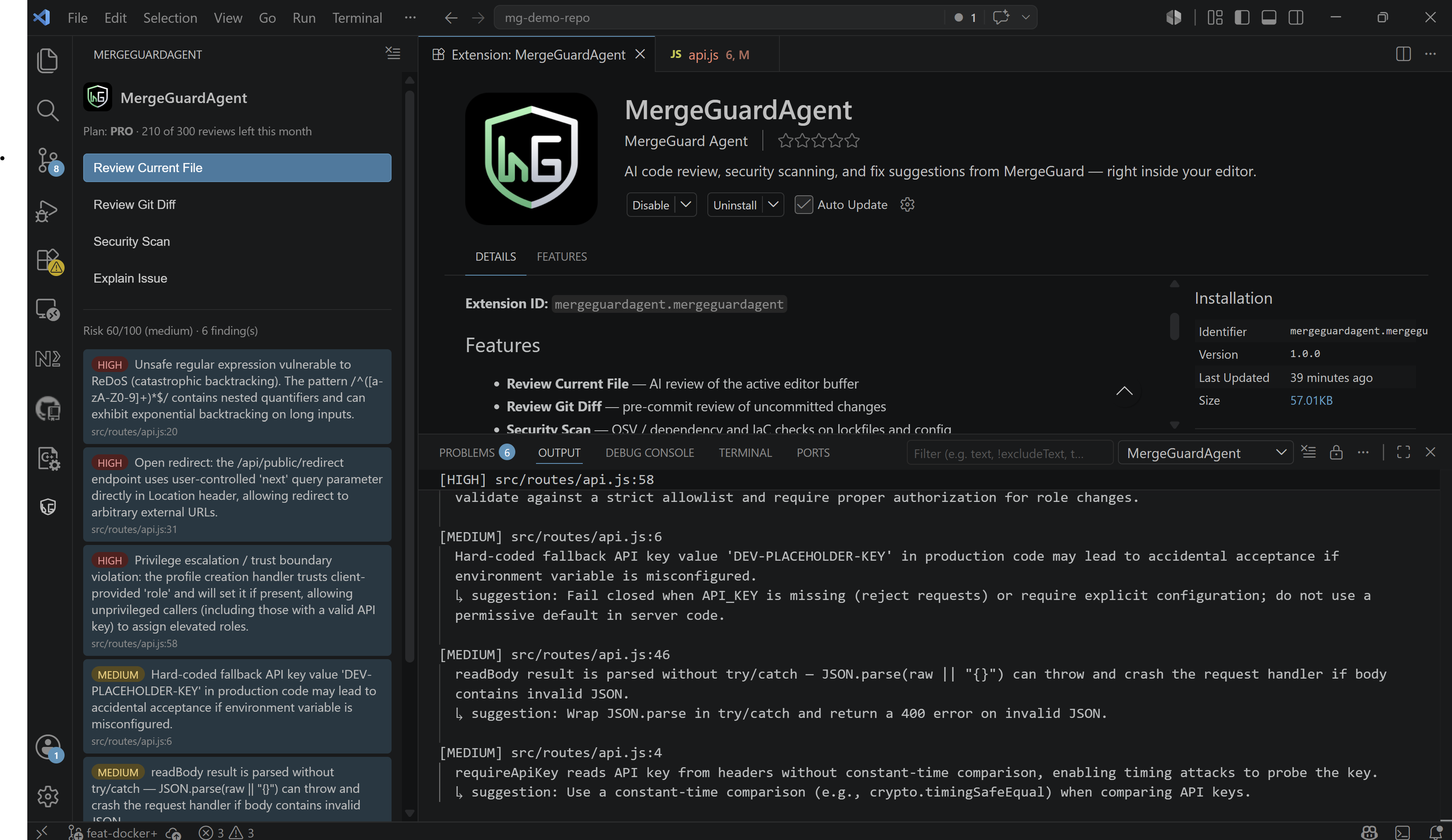 VS Code editor with MergeGuardAgent sidebar showing sign-in, review actions, and plan usage
