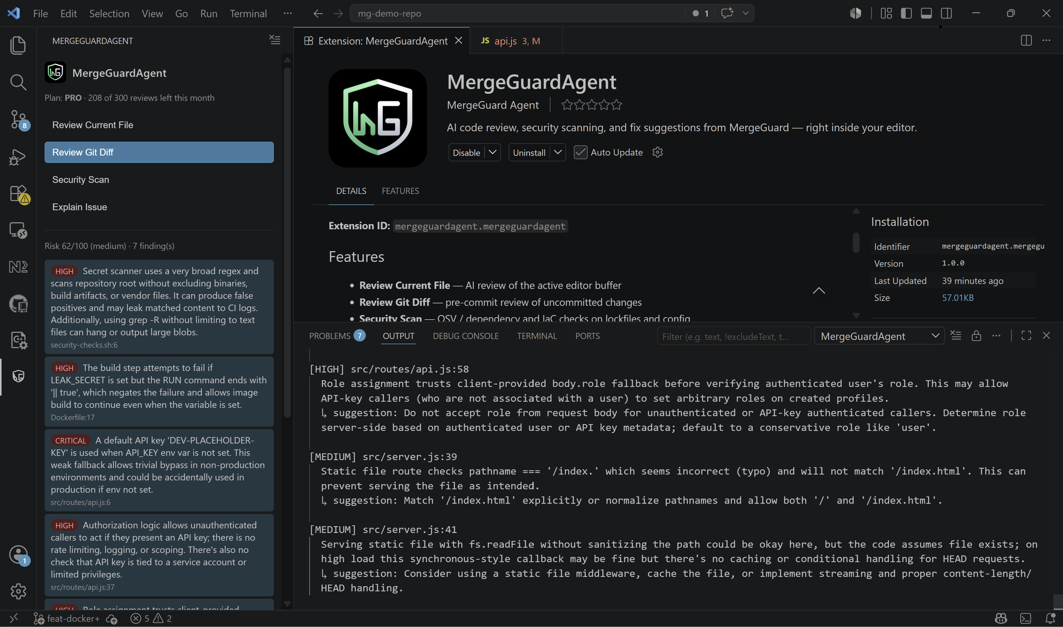 VS Code editor showing MergeGuardAgent AI review findings as inline diagnostics on source code