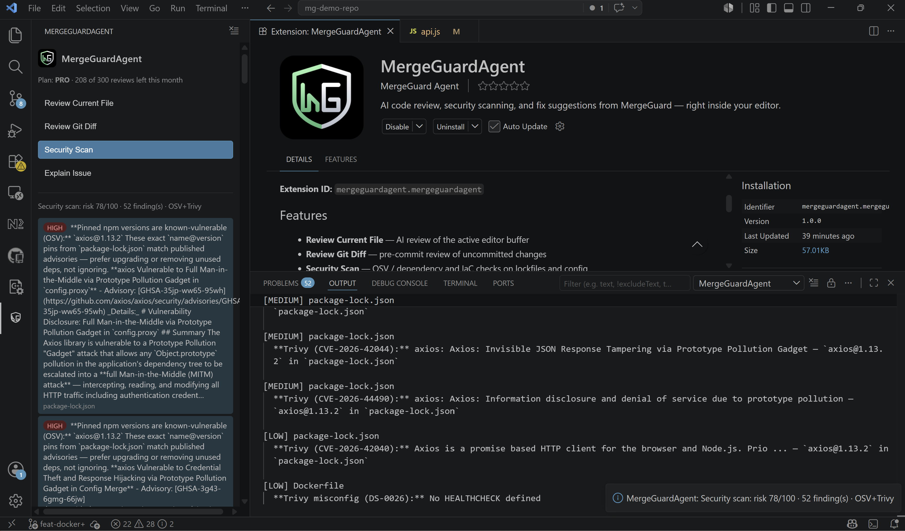 VS Code MergeGuardAgent sidebar after reviewing uncommitted git diff with risk score and prioritized findings
