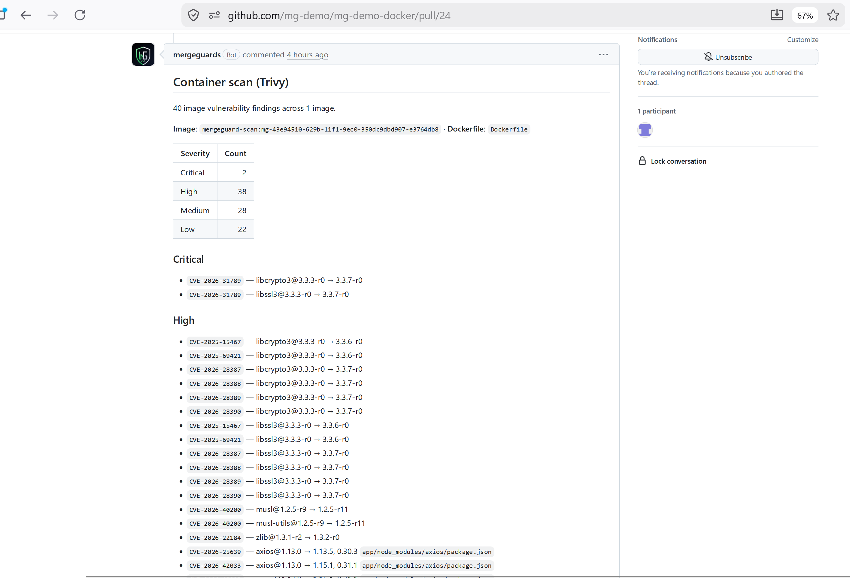 GitHub pull request showing MergeGuard container scan follow-up comment with CVE findings grouped by severity