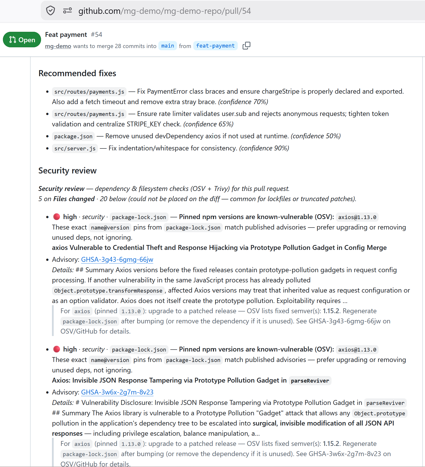 GitHub pull request showing MergeGuard Security review section with OSV and Trivy findings in the review summary