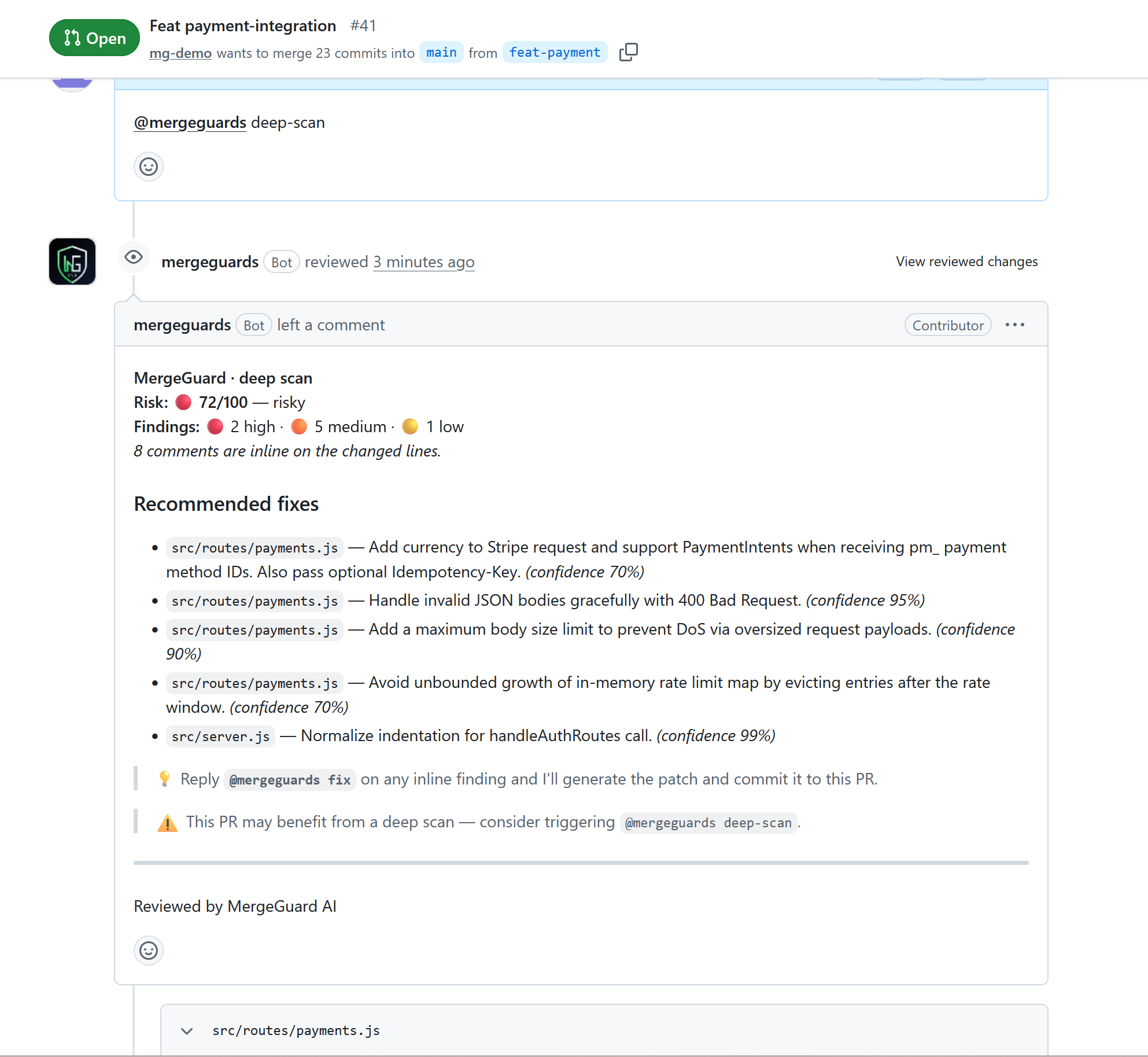 GitHub pull request after @mergeguards deep-scan showing MergeGuard deep scan with elevated risk score and security recommendations