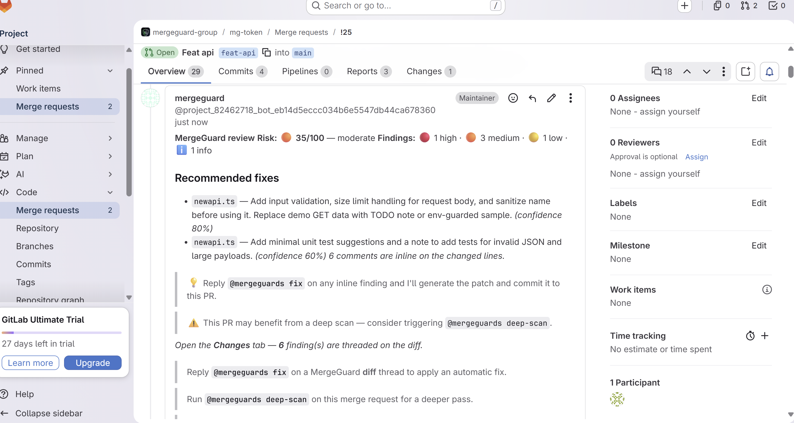 GitLab merge request Overview tab with MergeGuard review note showing risk score, severity counts, recommended fixes, and link to inline findings on Changes
