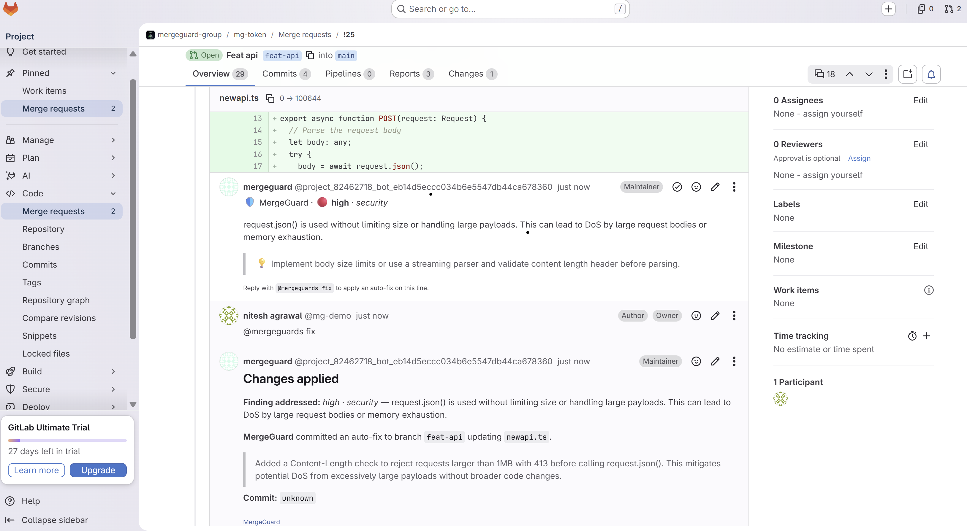 GitLab merge request thread showing @mergeguards fix command and MergeGuard confirmation that an auto-fix was committed to feat-api