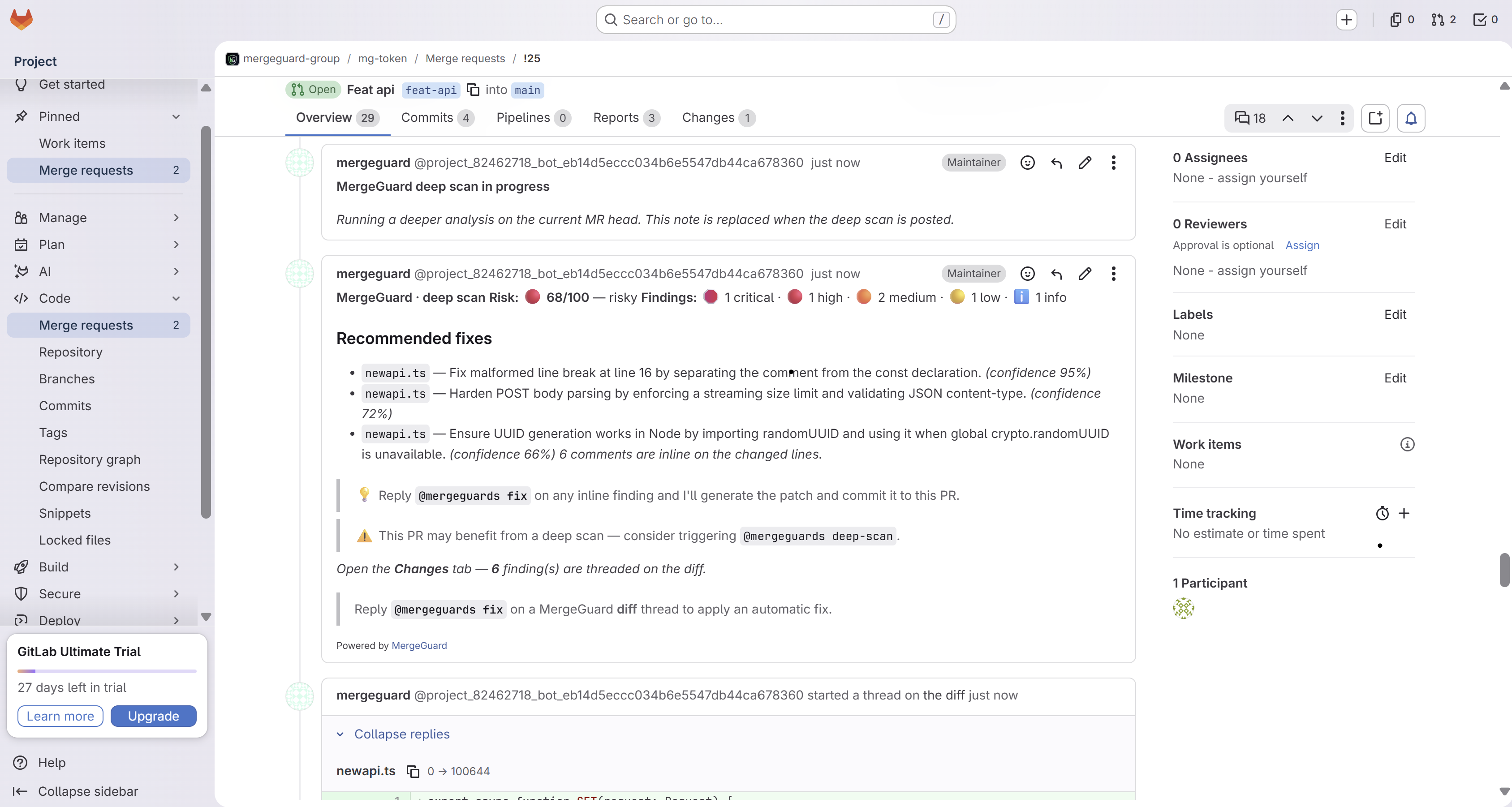 GitLab merge request Overview with MergeGuard deep scan summary showing elevated risk score and recommended fixes