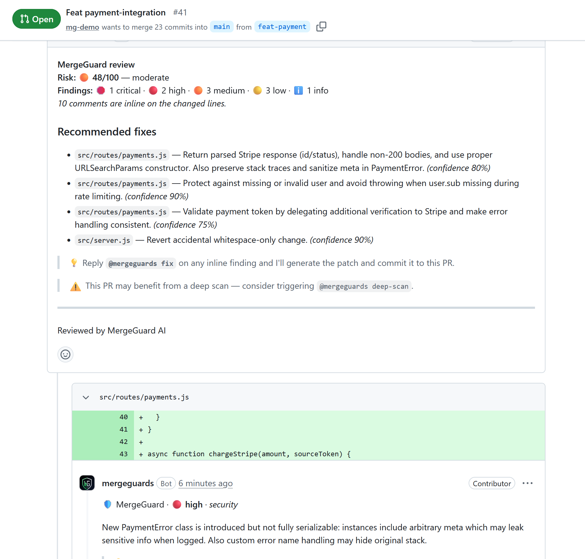 GitHub pull request showing MergeGuard AI review with risk score, finding counts, recommended fixes, and an inline security comment on the diff