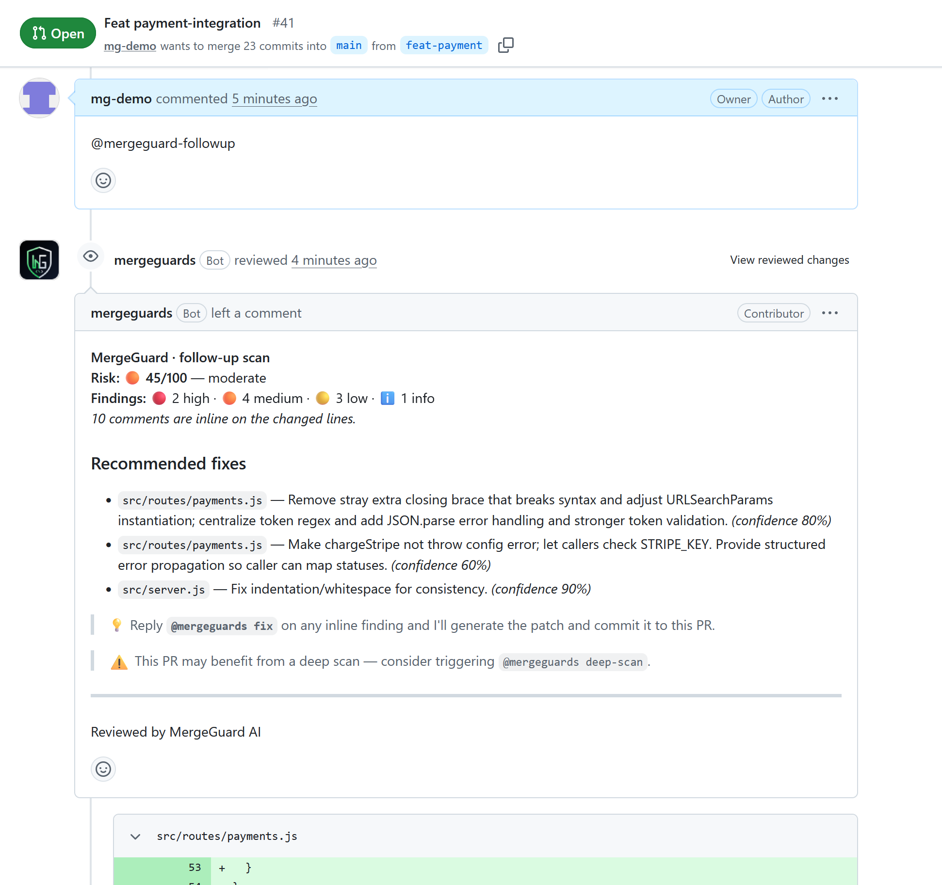 GitHub pull request after @mergeguard-followup showing MergeGuard follow-up scan summary with updated risk score